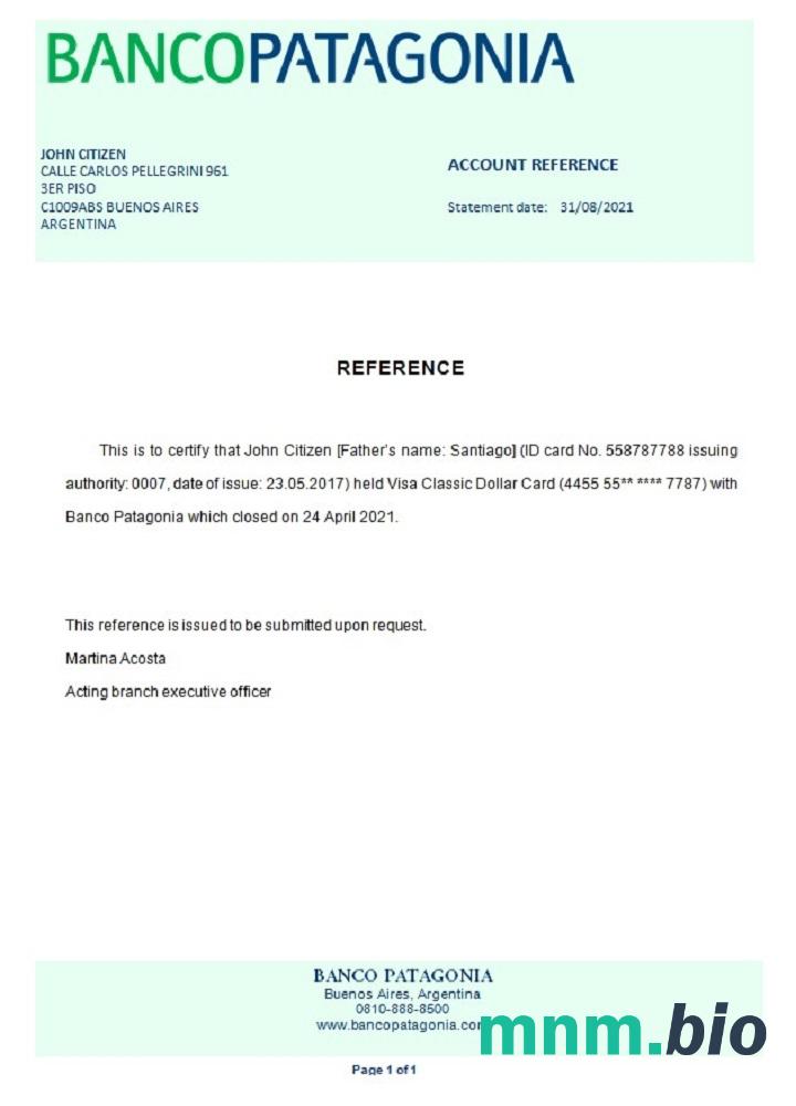 Argentyna Bancopatagonia przykład odniesienia zamknięcia w formatach Word i PDF